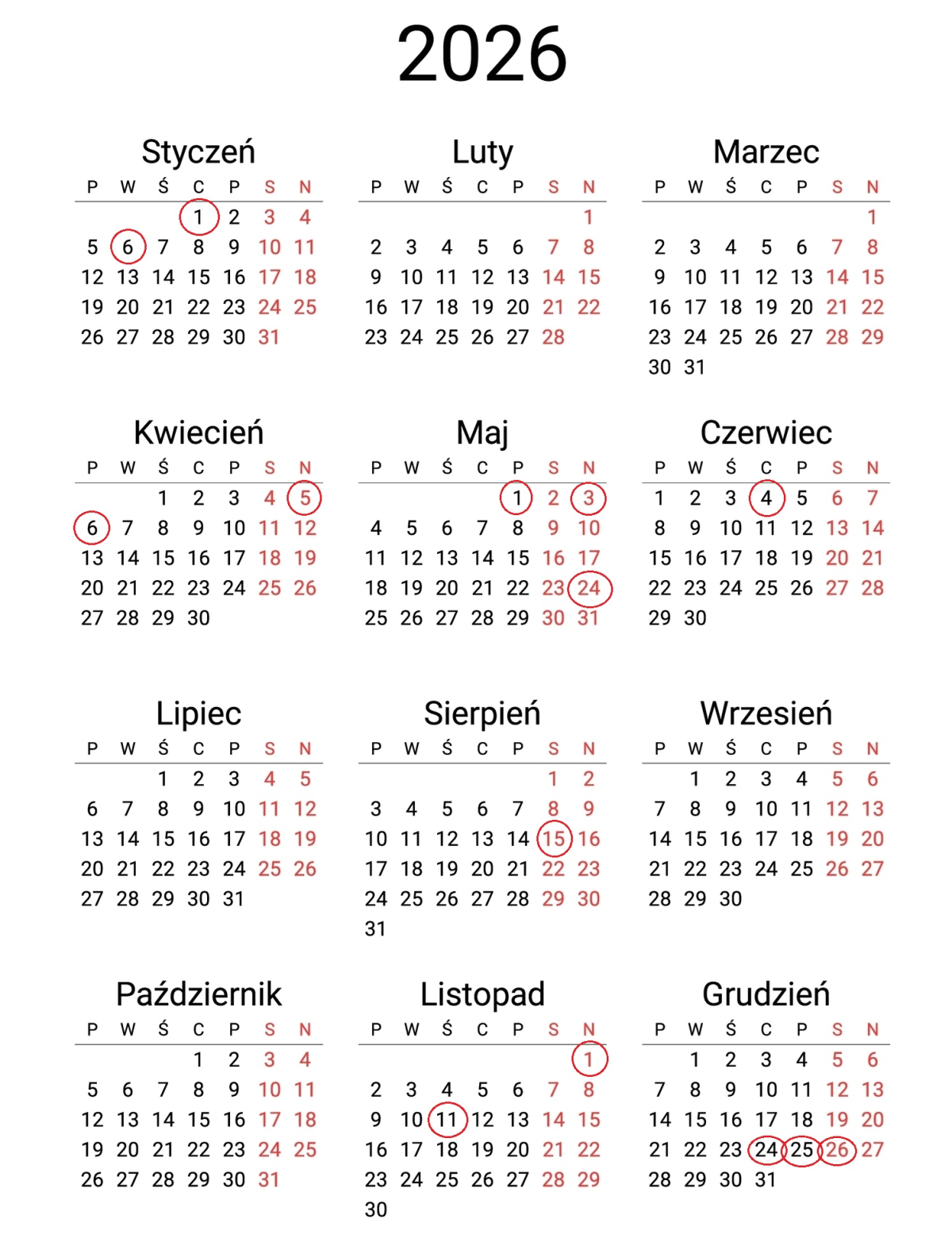 Dni wolne od pracy 2026 w Polsce: kalendarz i długie weekendy